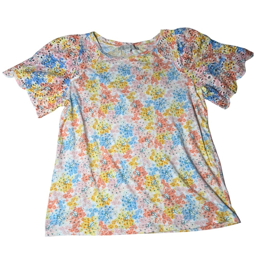 LOFT Womens Floral Eyelet Flutter Sleeve Cotton Knit Top‎ Multi Color Size M